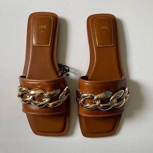 Zara Brown Flat Leather Sandal with Gold Chain